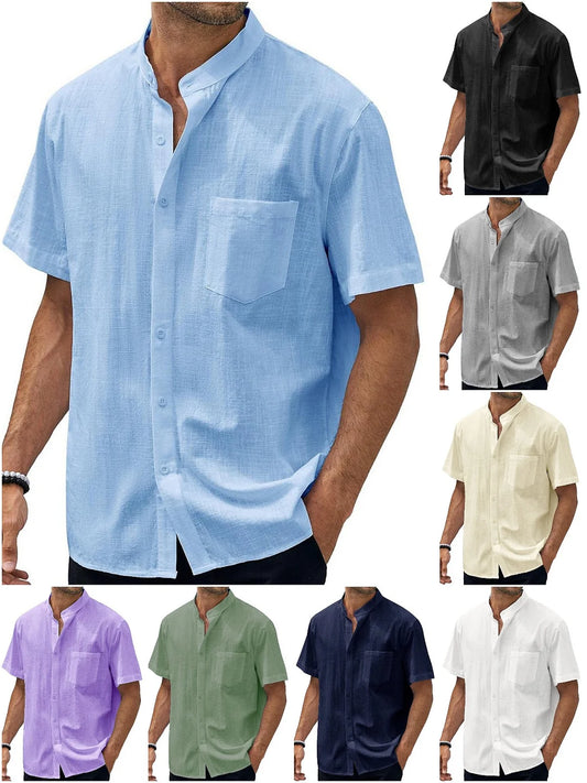 Camisa de manga corta de lino y algodón con cuello alto para hombre