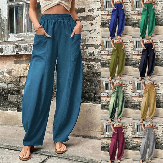 Pantalones elásticos de bolsillo de color sólido para mujer