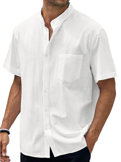 Camisa de manga corta de lino y algodón con cuello alto para hombre