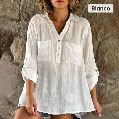 Blusas de mujer con cuello en V, manga larga con botones y bolsillos