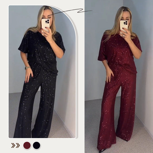 (COMPRA 1 ENVÍO GRATIS)🔥Precio especial 57% de descuento🔥Conjunto de camiseta con cuello redondo con incrustaciones de diamantes y pantalón suelto para mujer.