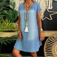 Vestido de mujer de denim con cuello en V y manga corta