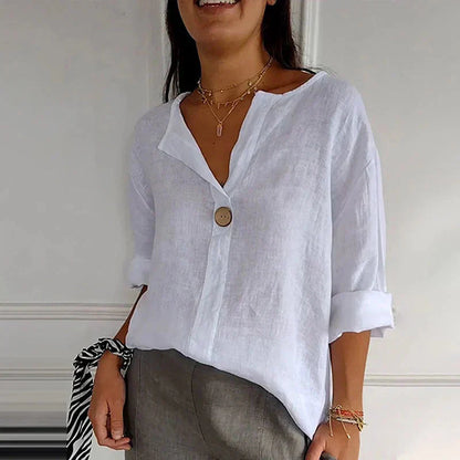💕Cómoda camiseta de lino-algodón para mujer con cuello en V