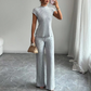 📢⏰ Conjunto de dos piezas compuesto por un elegante top de cuello alto y unos pantalones de pierna ancha