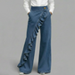 👖💙 Pantalones Vaqueros de Pierna Ancha con Volante Asimétrico para Mujer – Talle Alto, Denim Premium y Bolsillos Funcionales ✨
