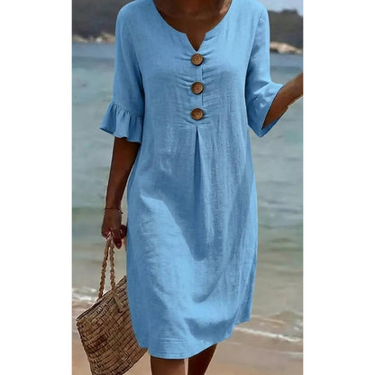 👗🌸Vestido midi de mujer de color liso con mangas con volantes