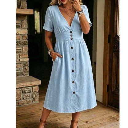 🌸 Elegancia veraniega sin esfuerzo: vestido de verano con cuello en V y botones para mujer☀️