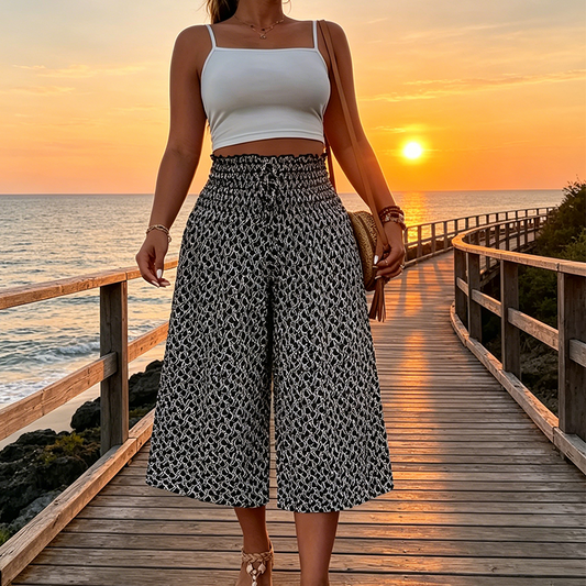 Pantalones capri de cintura alta y pierna ancha con fruncidos para mujer