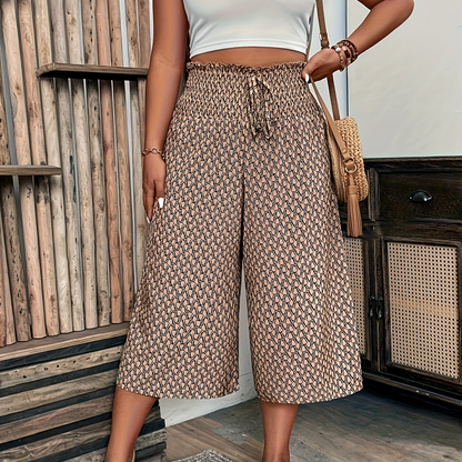 Pantalones capri de cintura alta y pierna ancha con fruncidos para mujer