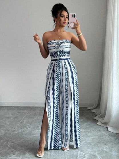 ✨👗 Mono geométrico con cuello redondo y abertura lateral