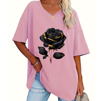 Camiseta de mujer de tallas grandes con estampado de rosas y cuello en V