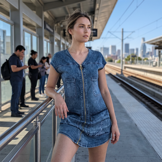 Vestido casual de manga corta con cremallera para mujer
