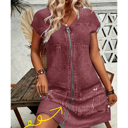 Vestido casual de manga corta con cremallera para mujer