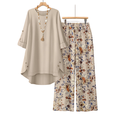 Conjunto de blusa de manga corta y pantalones de algodón y lino para mujer