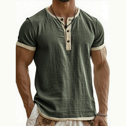🌿 Camiseta Henley de manga corta, transpirable y con detalles en contraste