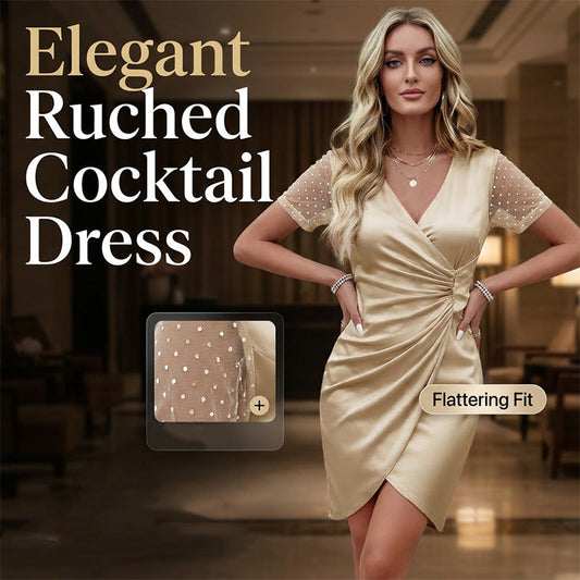 👗✨ Vestido fruncido con escote en V que realza la figura, ideal para noches y fiestas