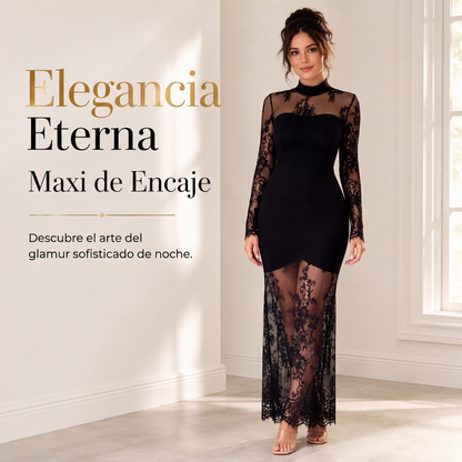 Tendencias del momento⭐👗 Vestido largo de encaje con cuello alto: encaje floral transparente y corte entallado para una elegancia nocturna sin esfuerzo
