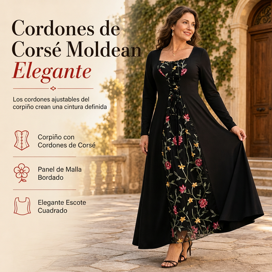 👗🌸 Vestido Largo Bordado Floral para Mujer – Escote Cuadrado, Corte Favorecedor y Elegancia Bohemi