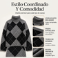 Conjunto de jersey de punto de rombos y falda para mujer