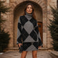 Conjunto de jersey de punto de rombos y falda para mujer