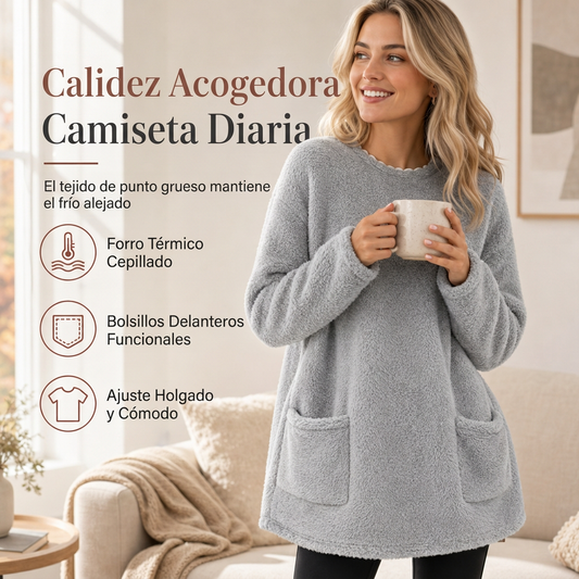 Top de manga larga con cuello redondo cálido para mujer