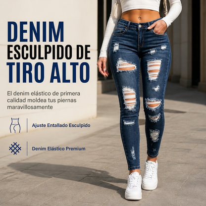 👖 Vaqueros de Talle Alto para Mujer – Alta Elasticidad, Ajuste Esculpido y Estilo Desgastado ✨