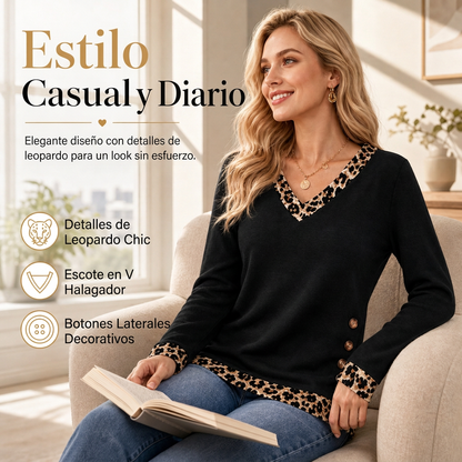 Top de punto de manga larga con cuello en V para mujer