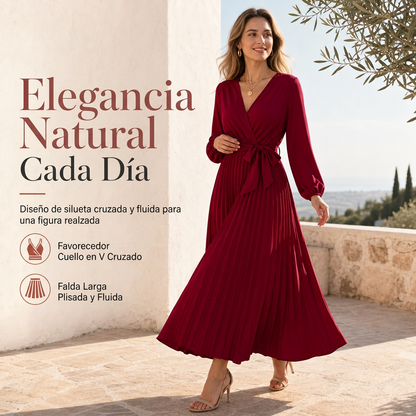 Vestido maxi plisado con cuello en V cruzado elegante para mujer