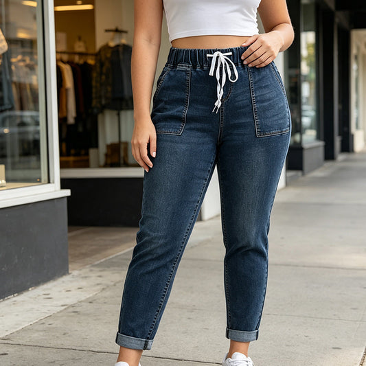 👖🔥 ¡50% OFF POR TIEMPO LIMITADO! Pantalón de Mezclilla para Mujer – Cintura con Cordón, Elástico, Cómodo y con Bolsillos ✨