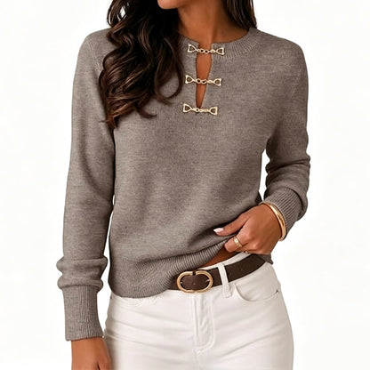 Top elegante de punto canelado para mujer con hebilla de metal