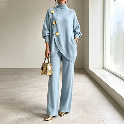 Conjunto de jersey de cuello alto elegante y pantalones de pierna ancha para mujer