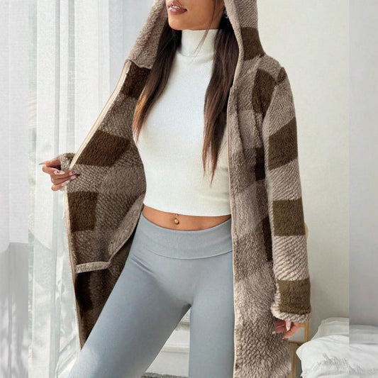 🧥 Chaqueta de Cuadros con Cremallera y Capucha para Mujer – Cálida, Casual y Elegante ✨