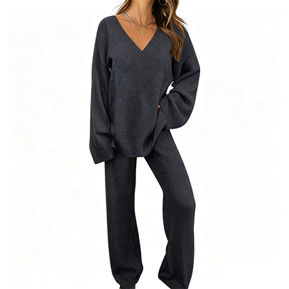 🔥 ¡50% OFF POR TIEMPO LIMITADO! 🧶 Conjunto de Suéter de Punto con Cuello V y Pantalón de Pierna Ancha para Mujer – Elegante, Cómodo y Sofisticado ✨