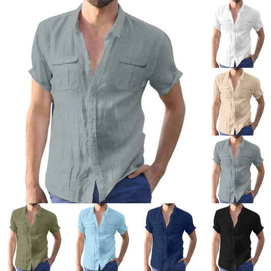 Camisas de manga corta de lino y algodón con dos bolsillos para hombre