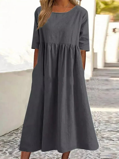 Vestido casual de algodón fruncido con bolsillo de cuello redondo para mujer