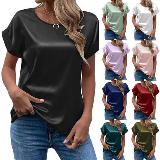 Camiseta casual de satén con cuello redondo para mujer