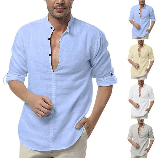 Camisa informal de playa con cuello alto de color liso para hombre