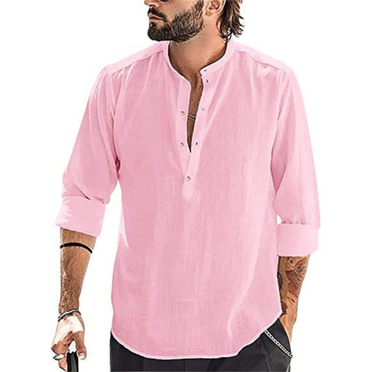 Camisa casual de manga larga de lino y algodón para hombre