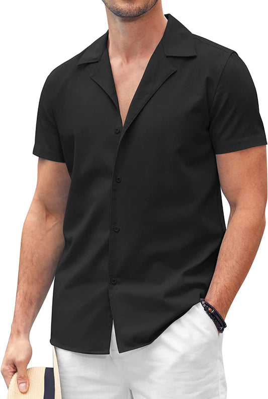 Camisa de manga corta de color puro con solapa para hombre